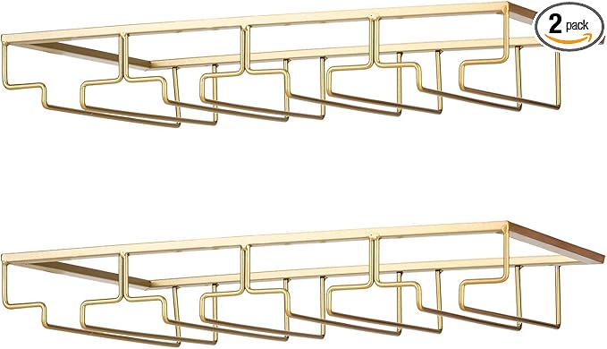 FOMANSH Wine Glass Rack - Under Cabinet Stemware Wine Glass Holder Glasses Storage Hanger 2 Pack Metal Organizer for Bar Kitchen Gold