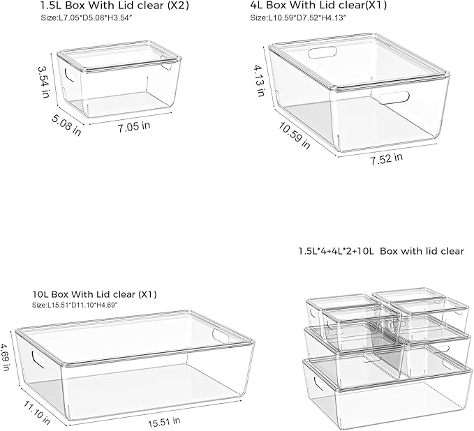 7 Pack White Storage Bins, Storage Bins with Lids, PET Plastic Pantry Organizers and Storage, Stackable Storage Bins for Kitchen, Bathroom, Closet, Office (Clear)
