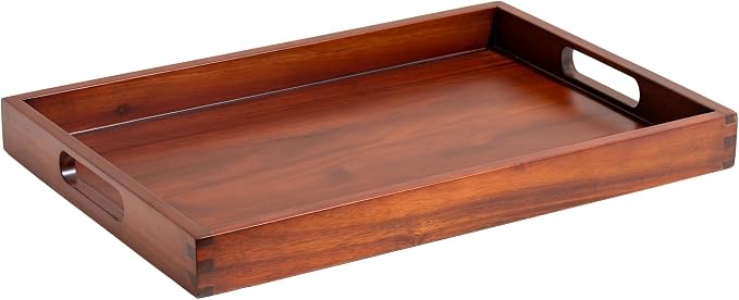Acacia Wood Serving Tray with Handles, 17.5x12 – Decorative Serving Trays Platter for Breakfast in Bed, Lunch, Dinner, Appetizers, Patio, Ottoman, Coffee Table, BBQ, Party –Great for Lap & Couch