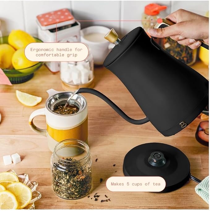Beautiful Electric Gooseneck Kettle, 1 Liter, 1200W, Stainless Steel Interior, Fast Boil, Precision Pour Spout, Auto Shut-Off & Boil-Dry Protection (Black)
