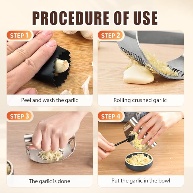 Stainless Steel Garlic Press Rocker, 2025 New Heavy Duty Gralic Crusher Tool with Peeler and Brush for Smash Garlic Built-in Bottle Opener - Easy Kitchen Gadget for Effortless Garlic Prep (1, black)