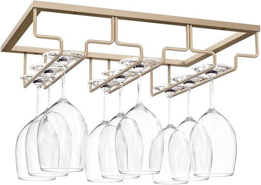 Wine Glass Rack - Under Cabinet Stemware Wine Glass Holder - Wine Glasses Storage Hanger Metal Organizer for Cabinet Kitchen Bar (Champagne Gold, 3 Rows 1 Pack)