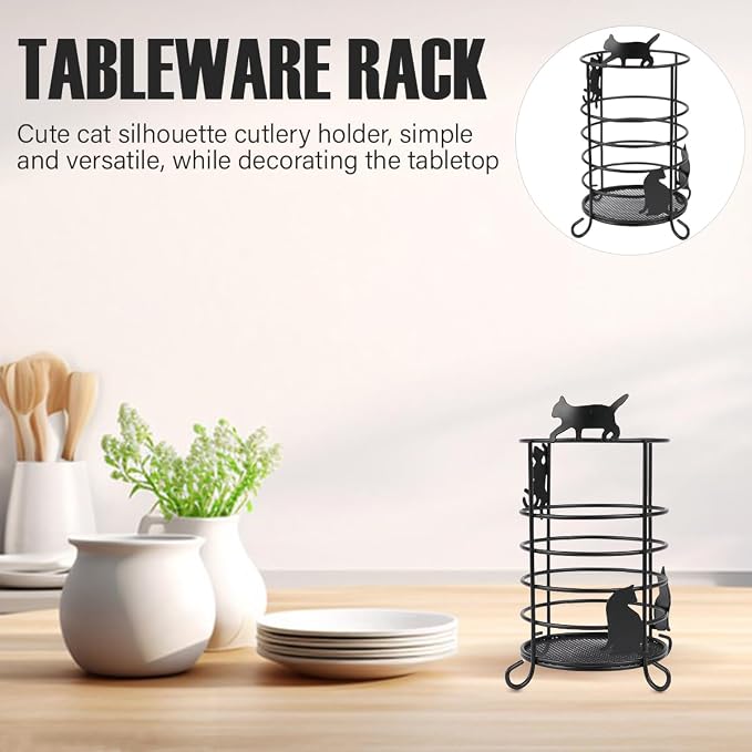 DOERDO Round Metal Utensil Holder for Kitchen Counter, Ventilated Cutlery Caddy with Mesh Base and Cat Design for Rustproof Spoon Spatula Whisk