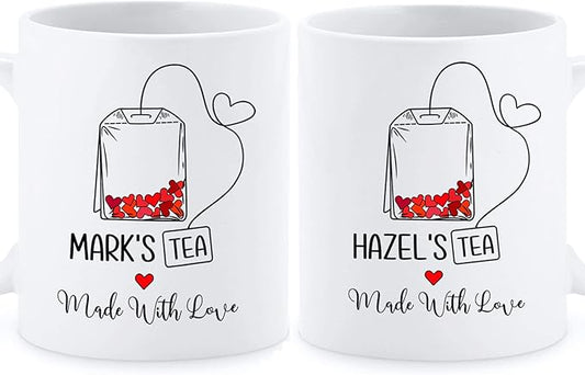 Personalized Couples Made With Love Mug Set, Couple Personalized Mug With Name, Customized Couple Set Coffee Mug, Cup Gifts For His And Hers, Custom Name Ceramic Mug Set Of 2, White 11oz Or 15oz