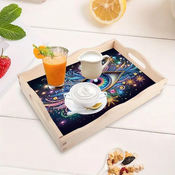 DIY Diamond Serving Tray Diamond Art Painting Creative Design Handmade Wooden Tray Dinner Plate for Coffee Breakfast Home Organizer-Eye
