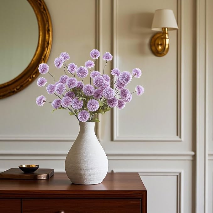 DuHouse 6pcs Artificial Flowers Faux Silk Pompon Mum,Silk Small Mini Chrysanthemum Ball with Stems for DIY Bouquets Centerpieces Vase Home Table Kitchen Decorations(Purple)