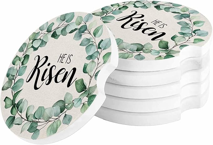 Car Coasters for Cup Holders 2.6"Dia Absorbent Coasters Set of 4 Car Interior Accessories for Women Men Spring Summer Eucalyptus Leaves Linen Bottom Ceramic Car Coaster for Drinks with Finger Grooves