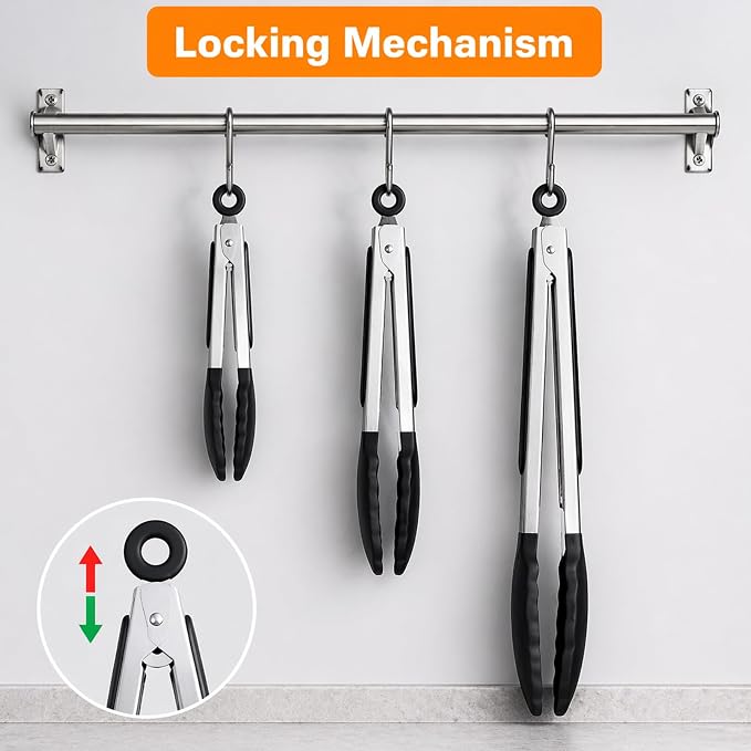 9 Piece Kitchen Tongs with Silicone Tips, 7,9,12 inch Stainless Steel Tongs for Cooking, Heat Resistant Cooking Tong, Non Stick Locking Silicone Tong for BBQ Salad Grill Frying Serving, Black