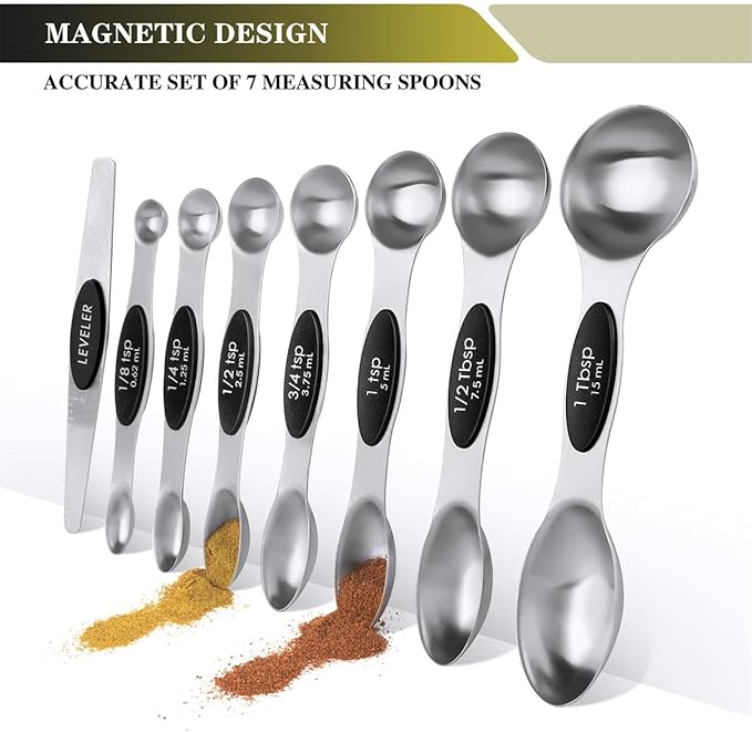 Measuring Cups & Spoons Set of 16, BOBIPRO Stainless Steel 8 Nesting Measure Cups Set & 7 double-sided Magnetic Measuring Spoons Set & 1 Leveler for Dry and Liquid Ingredient