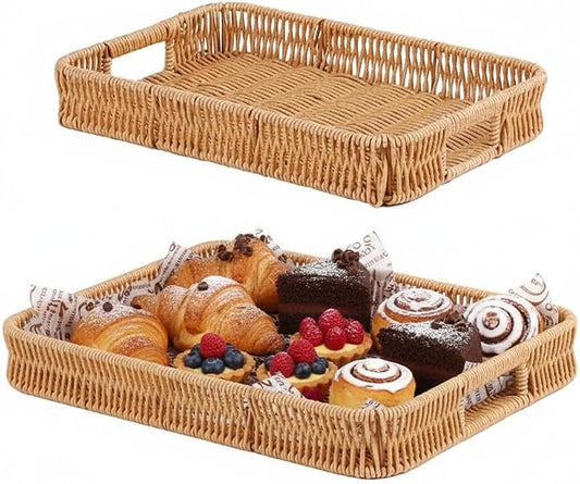 2pcs Rectangular Serving Tray with Handles, Decorative Wicker Organizer Baskets Storage Tray for Coffee Table, Bread, Fruit, Snacks, Centerpiece Decor