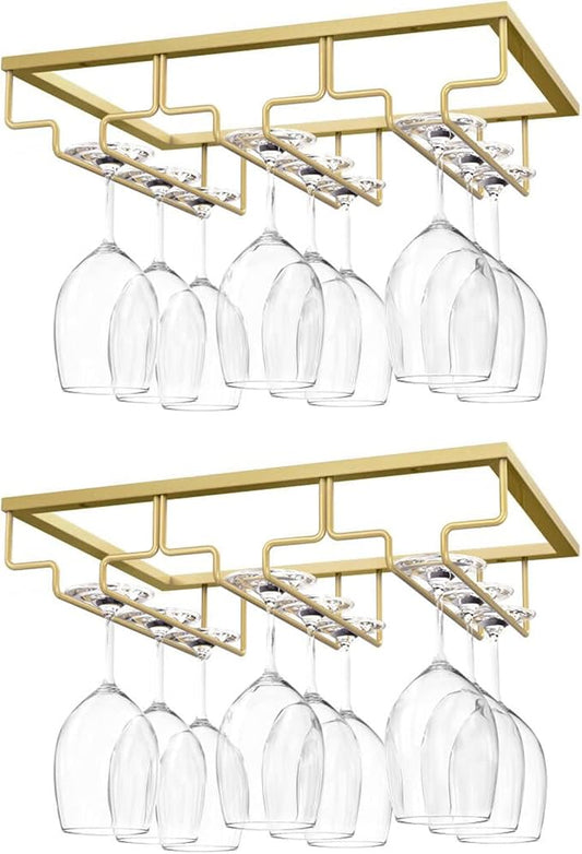 Nuovoware Wine Glass Rack, [2-Pack] Wine Glass Hanger Rack Under Cabinet Stemware Holder Storage Hanger for Bar Kitchen Cabinet (3 Rows) - Gold