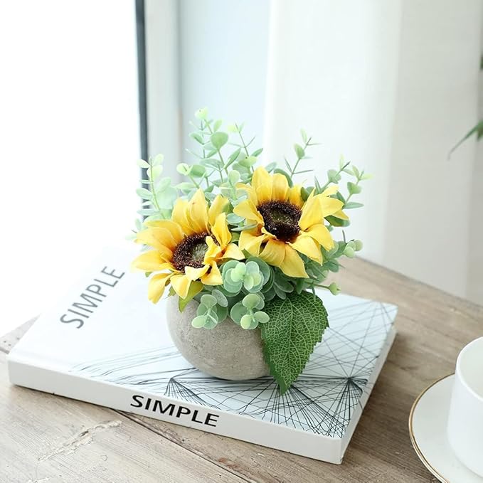 Rose in Pot Decor Potted Artificial Flowers Mini Plants Faux Flowers Indoor Small Decor Fake Roses for Home, Bathroom, Kitchen, Offices, Wedding Party Centerpieces (2pcs Yellow)