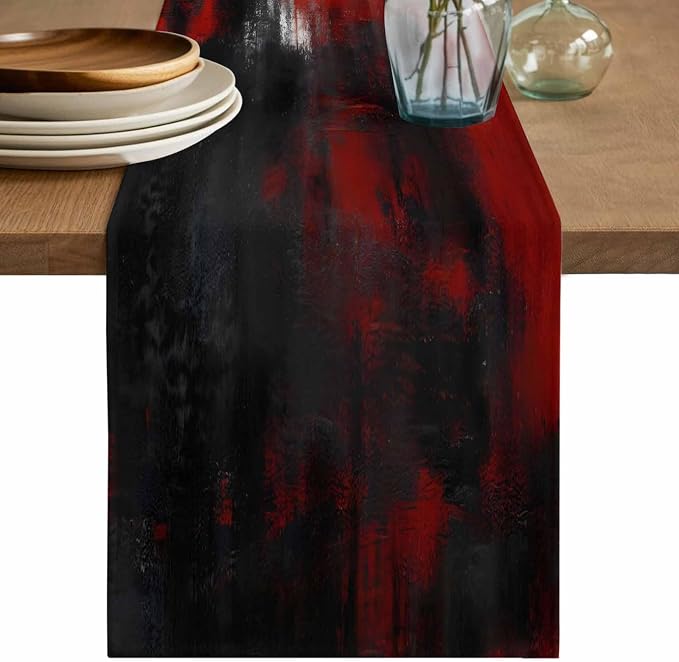 Retro Black Red Table Runners 70 Inches Long, Cotton Linen Fabric Table Runner Dresser Scarf, Abstract Bohemia Minimalist Aesthetic Art Tablerunner for Party/Kitchen/Dinner/Wedding Decor 13"x70"