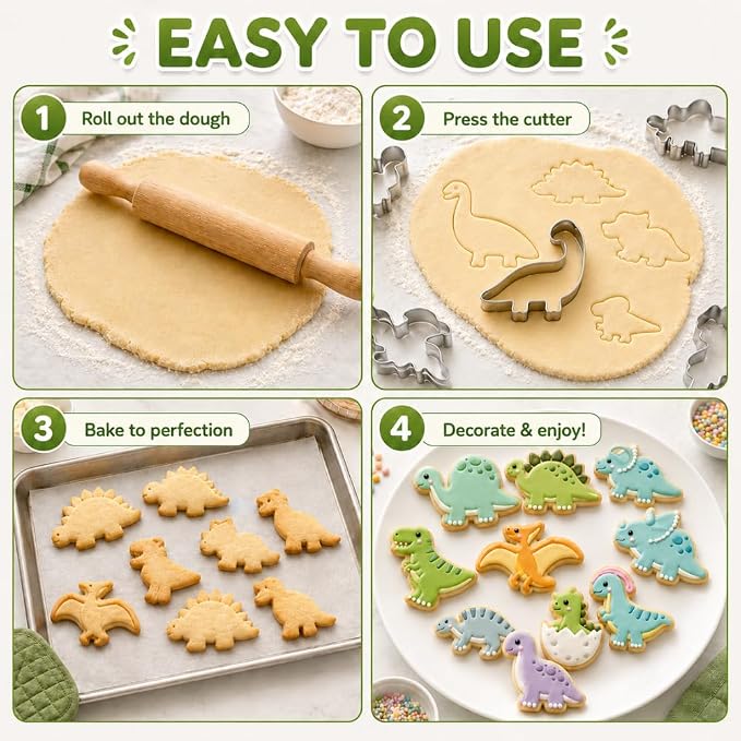 10-Pack Dinosaur Cookie Cutters, Stainless Steel Dino Baking Set | T-Rex, Triceratops and assorted dino shapes for cookies, fondant and sandwiches