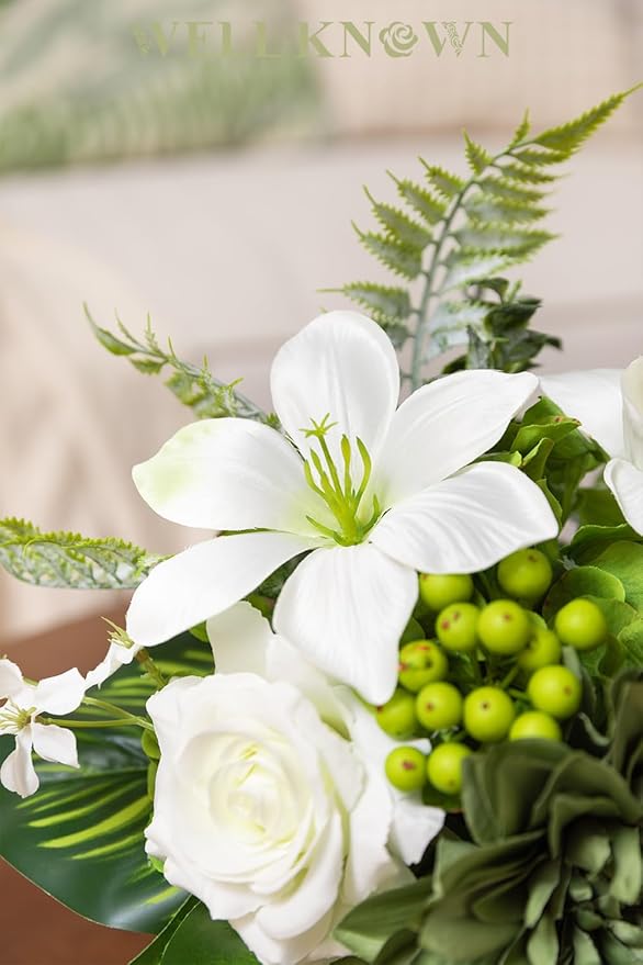 Artificial Flowers in Vase with Fake Water, Silk Rose Dahlia Lily Flowers Bouquet with Glass Vase for Home Birthday Party Wedding Dinning Table Office Hotel Decor Gift (Green & White Mixed)