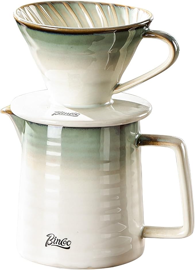 Bincoo Pour Over Coffee Maker&Dripper, Style Cone Filter + 450ml Ceramic Coffee Server, Manual Coffee Brewer Set, Reusable Coffee Filter Holder, Great Gift for Coffee Enthusiasts(Green)