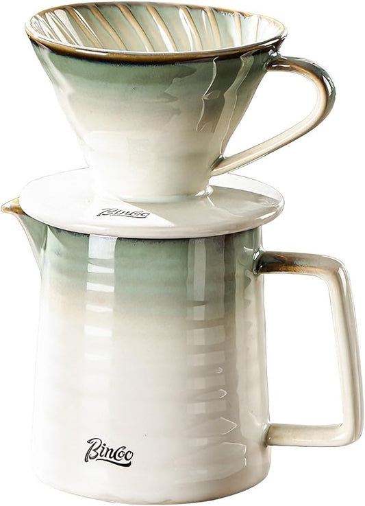 Bincoo Pour Over Coffee Maker&Dripper, Style Cone Filter + 450ml Ceramic Coffee Server, Manual Coffee Brewer Set, Reusable Coffee Filter Holder, Great Gift for Coffee Enthusiasts(Green)