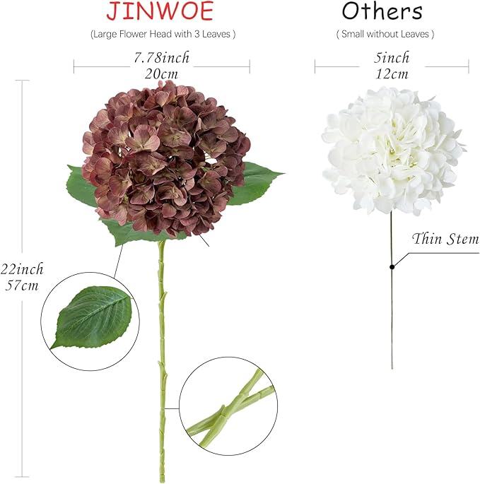 JINWOE Dark Coffee Silk Hydrangea Artificial Flowers, 4Pcs 22Inch Full Fake Artificial Hydrangeas with Stems for Bouquet Table Centerpieces Home Decoration Porch Outdoor