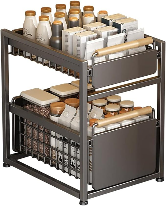 2 Tier Pull-out Storage Organizer, Slide Out Kitchen Cabinet Storage Sliding Shelves, Under Sink Organizers Drawer, Mesh Cabinet Basket with Handle for Bathroom, Home(Gray,Double Layer L)
