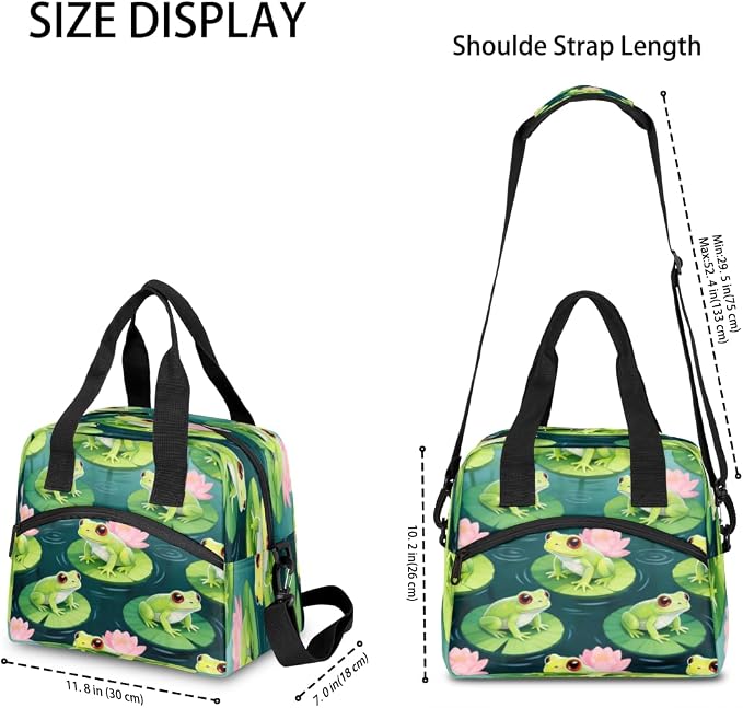 Frog Lotus Pond Pattern Insulated Lunch Bag for Women Men Reusable Lunch Box Cooler Bag Large Leakproof Lunch Tote with Adjustable Shoulder Strap for Adult Work Picnic Camping Beach Office