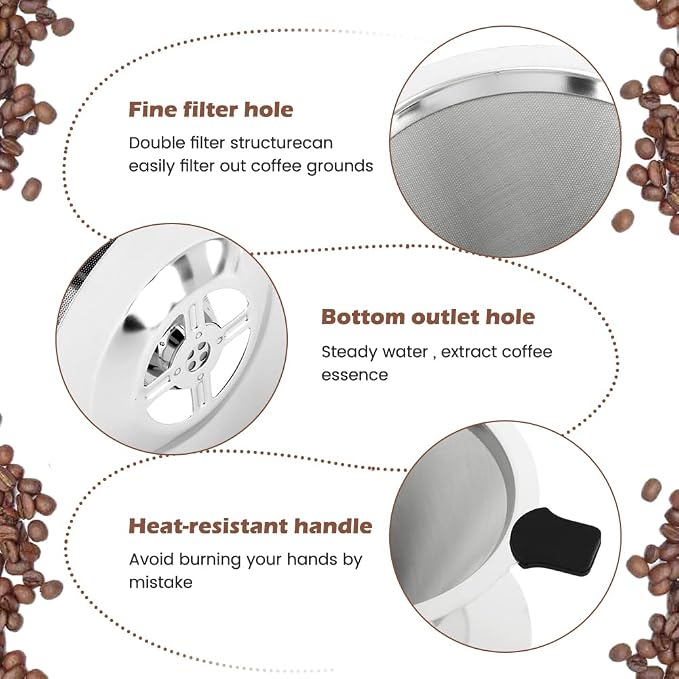 Pour Over Coffee Dripper With Cleaning Brush,Upgraded Double Micro Mesh Filter with Cup Stand,Stainless Steel Coffee Filter,Reusable Coffee Filter,Pour Over Coffee Maker(1-2cup)