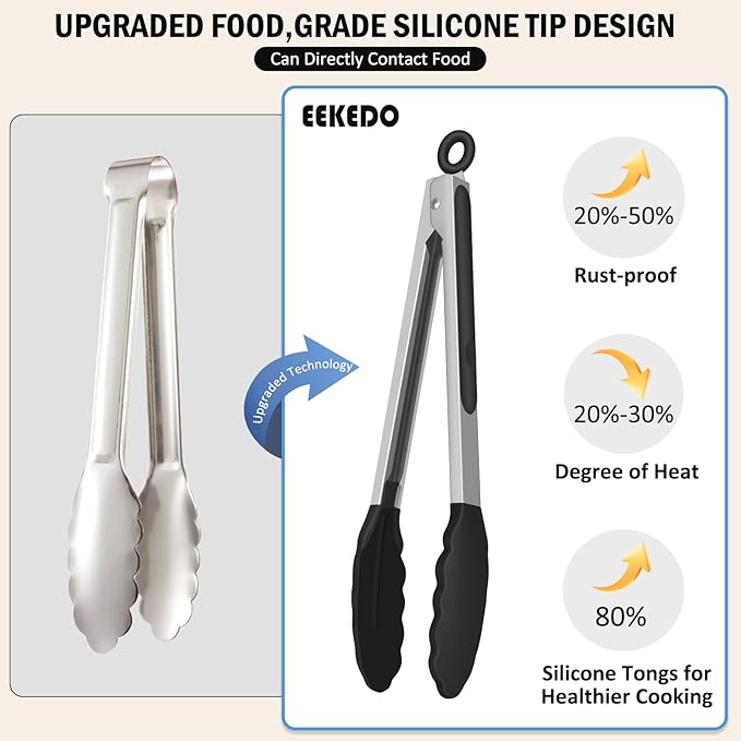 Tongs for Cooking, 600ºF High Heat-Resistant Stainless Steel Kitchen Tongs with Silicone Tips, Non Scratch, Locking Tong for BBQ Grilling Air Fryer Food Salads, Set of 2 (9" and 12") Black
