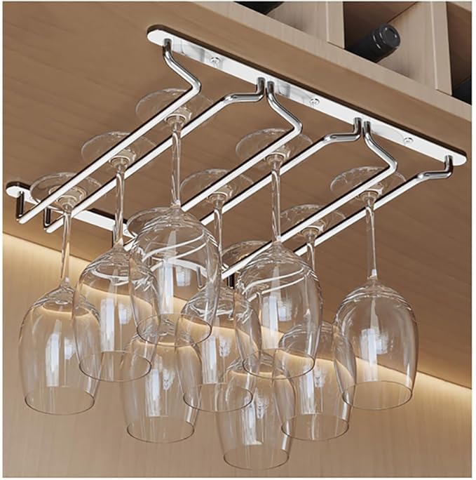 CAKERS Under Cabinet Hanging Stemware Display Rack|304 Stainless Steel Wine Glass Holder|Wine Glass Storage Organizer Hanger,3 Rows,30cm(11.8in)