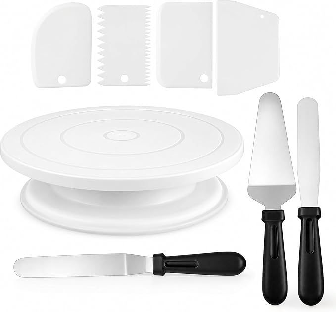 White Cake Decorating Kit with Revolving Cake Turntable, 8-Piece Baking Supplies and Decorating Tools Set including 3 Frosting Spatulas, 4 Icing Smoothers, Gift for Beginners & Pros