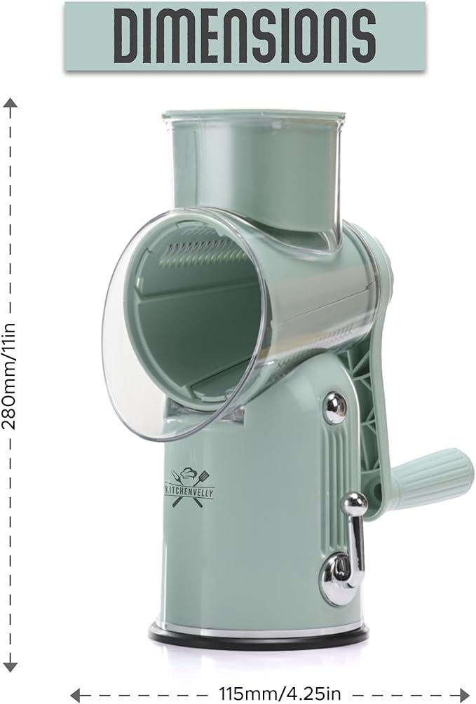 Rotary Cheese Grater Hand Crank, 5 in 1 Vegetable Slicer, Manual Cheese Shredder with Stainless Steel Blades, Food Grater for Cheese Vegetables Nuts, Suction Base, Easy Clean, Green