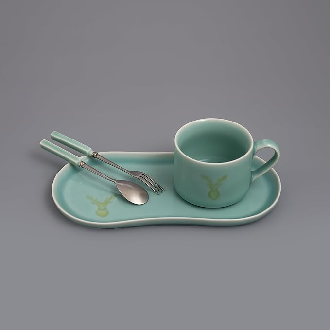 Longquan UNESCO Heritage Celadon Coffee Set Double-glazed collector's edition with oval-shaped plates and tableware - handcrafted sky blue glaze ceramic gift box (1, Sky blue glaze)