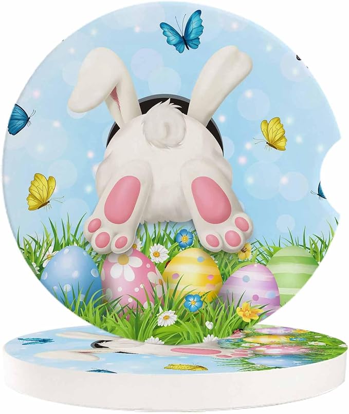 Small Car Coasters for Cup Holders 2.6" Dia Absorbent Coasters Set of 6 Car Interior Accessories for Women Men Watercolor Easter Bunny Butt in Grass Ceramic Car Coaster for Drinks with Finger Grooves