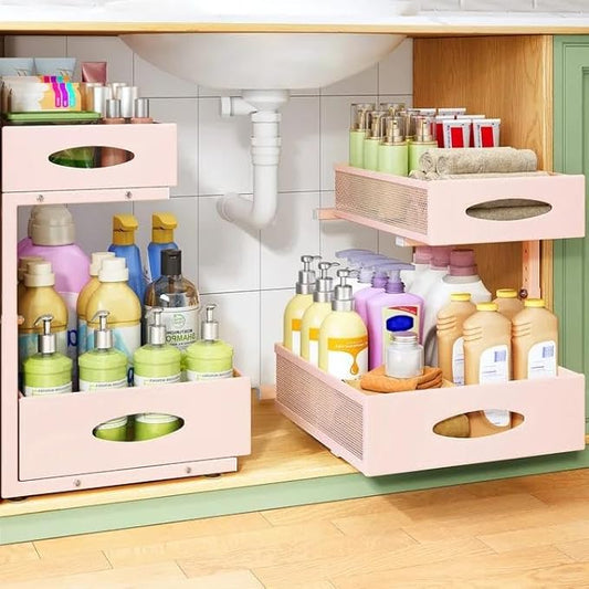 Under Sink Organizer, 1-Pack Pull Out Cabinet Organizer 2 Tier Metal Slide Out Storage Shelf Rack, L-Shaped Adjustable Height,Mesh Sliding Drawer for Kitchen, Bathroom, Laundry, Pantry, Pink, XL