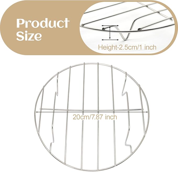 7.87" Round Cooking Rack, 2 Pcs Stainless Steel Baking Cooling Steaming Grilling Rack for Air Fryer, Pressure Cooker, Cooking Enthusiasts