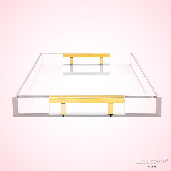Modern 16"x12" Rectangle Acrylic Lucite Plastic Decorative Serving Tray with Gold Polished Stainless Steel Metal Handles Home Decor Ottoman Coffee Table Makeup Perfume Display Vanity By Home Redefined