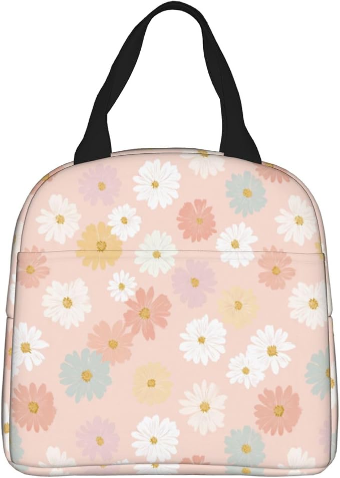 Insulated Lunch Bag Pastel Daisy Flower Pattern, Leakproof Lunch Tote for Work School, Reusable Lunch Box Cooler for Adults Students, Compact Lunch Bag for Office College Picnic