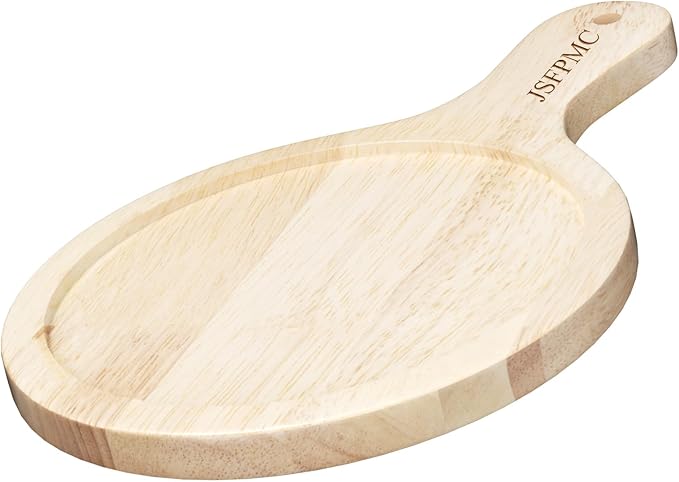 Rubber Wood Board with Handle, Round Serving Board, Dining Board, Chopping Board for Meat, Cheese Board, Vegetables, Bread, Charcuterie, Small 10.6"x7"x0.6"