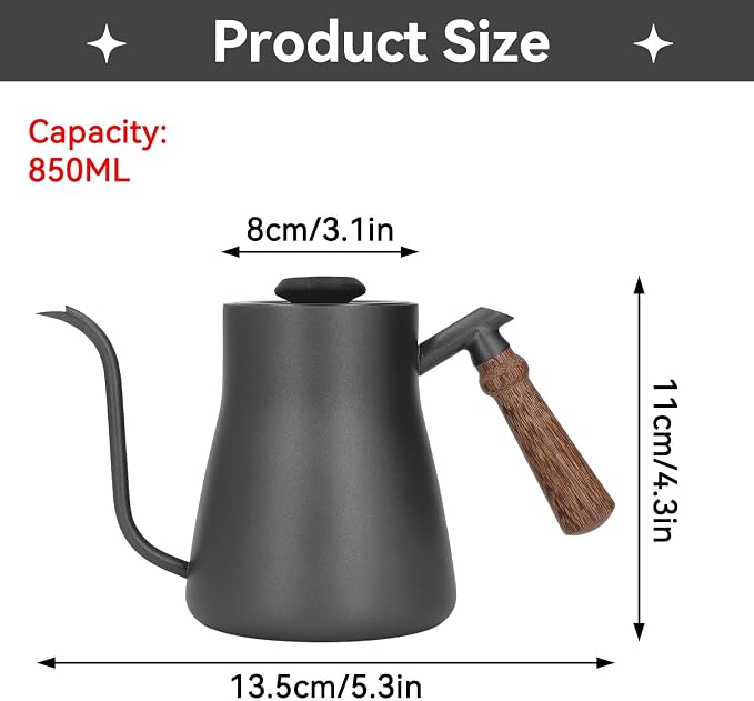 Pour over Coffee Kettle with Thermometer, 850ml Goose Neck Kettle Pot Induction Kettle Stovetop Stainless Steel Gooseneck Kettle with Wood Handle