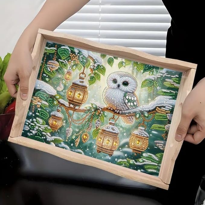 DIY Diamond Serving Tray Rectangular Breakfast Tray with Handle Handmade Diamond Art Painting Wooden Tray for Dinner Plate Coffee Room Living Home Organizer-Owl04