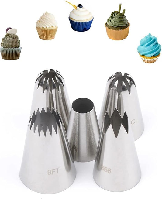 Large Frosting Tips,Eclair Churro Macaron Star Round Icing Piping Tip for Cake Cupcake Cookie Decorating,5 Pcs