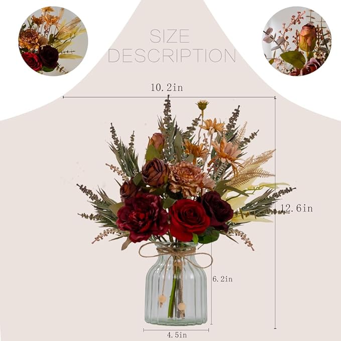 LESING Dahlia Flower Aritificial Flower with Vase Fake Silk Flowers in Glass Vase Faux Rose Flowers Arrangement for Home Office Table Centerpiece Decoration (Claret Red)