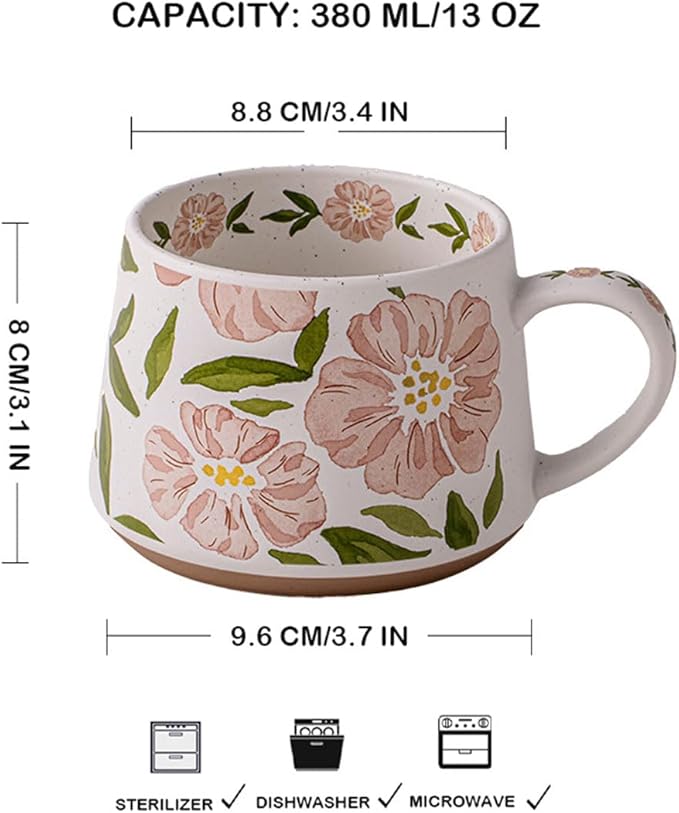 Elegant Floral Ceramic Mug ，Blue Flower Design mug with Handle, Unique Watercolor Flower Design Tea Mug for Home & Office，Microwave safety (Pink 2 Set)