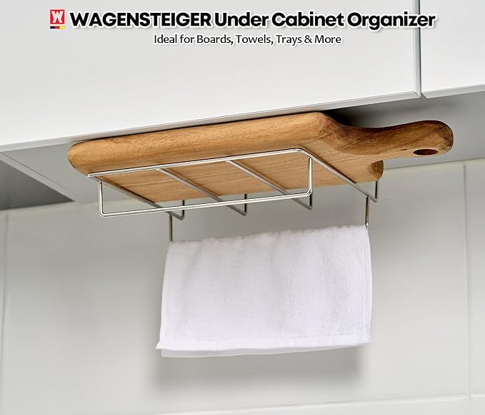 WAGENSTEIGER Stainless Steel Under/Over Cabinet Cutting Board and Kitchen Towel Rack – Space-Saving Rack for Countertop and Cabinet Door Storage, Chopping Board Holder (One-Layer)