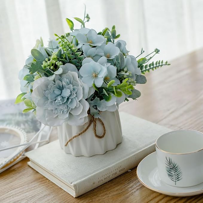 TKAS Fake Flowers Arrangement in Ceramic Vase, Artificial Faux Silk Roses & Hydrangea, Small Realistic Dried-Style Floral Dining Table Centerpiece for Wedding Party Home Decoration (Blue)
