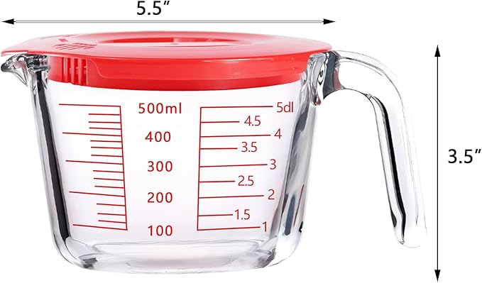 Glass Measuring Cups with Lids Set, Borosilicate Glass V-Shaped Spout Microwave Safe Scales Milk Cup for Cooking Baking (Red, 2CUP)