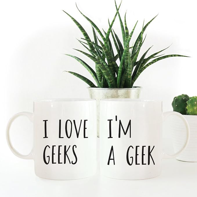 Andaz Press Funny Couples 11 oz Ceramic Coffee Mugs, I'm a Geek, I Love Geeks, His and Hers Mugs Set of 2, Valentines Day Coffee Mug for Him and Her, Mr and Mrs Mugs, Couple Mugs for Husband