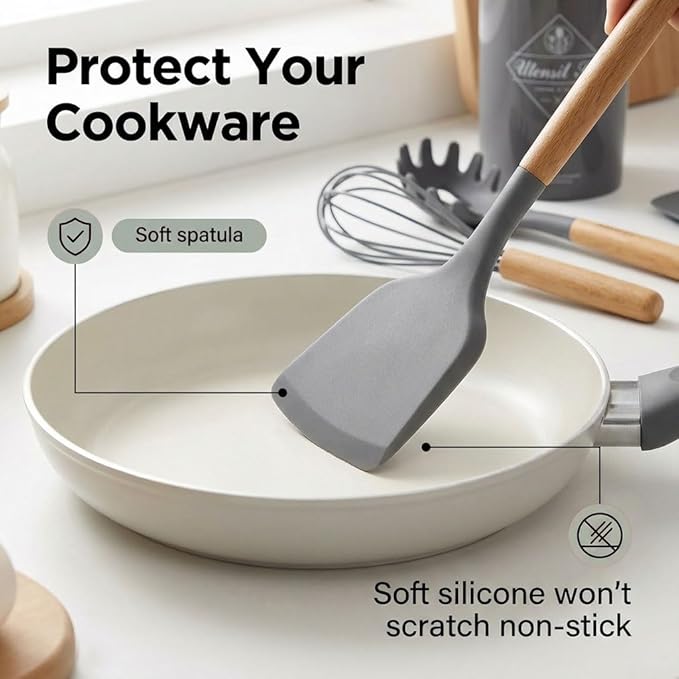 Silicone Cooking Utensils Set, Kitchen Utensils for Cooking with Holder, Wooden Handle Silicone Utensils Spatula Set, Heat Resistant, BPA Free, Non Toxic Kitchen Gadgets, Gray