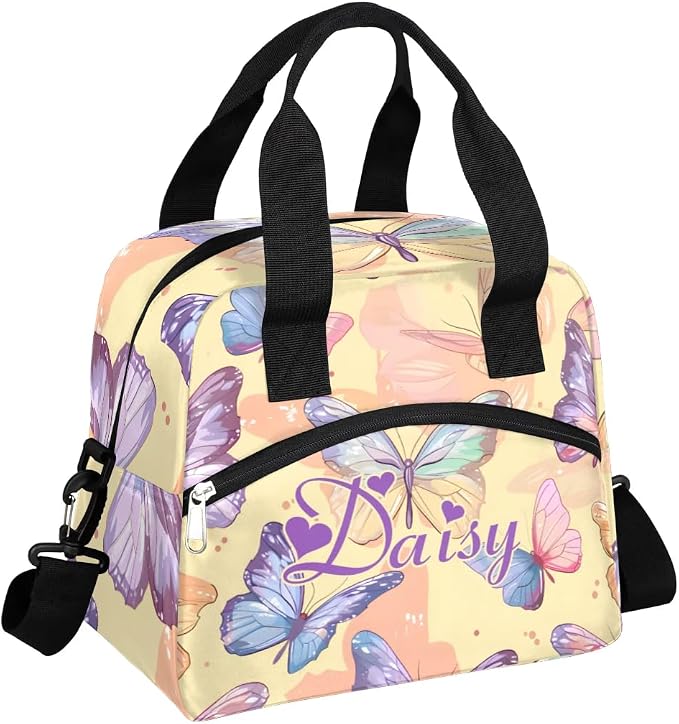 Personalized Butterfly Lunch-Bag for Women, Custom Insulated Cooler Lunch Box with Name, Leakproof-Reusable Lunch Tote Bag for Work Office Picnic - Yellow Purple
