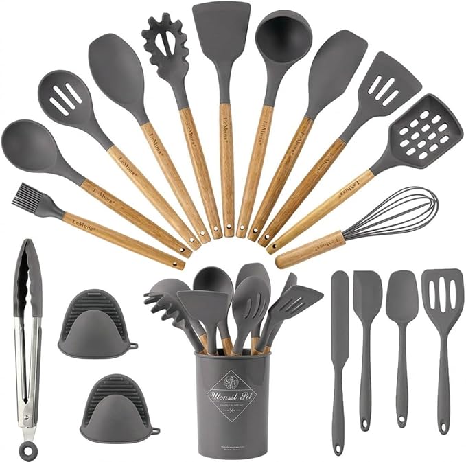 Silicone Cooking Utensils Set, Kitchen Utensils for Cooking with Holder, Wooden Handle Silicone Utensils Spatula Set, Heat Resistant, BPA Free, Non Toxic Kitchen Gadgets, Gray