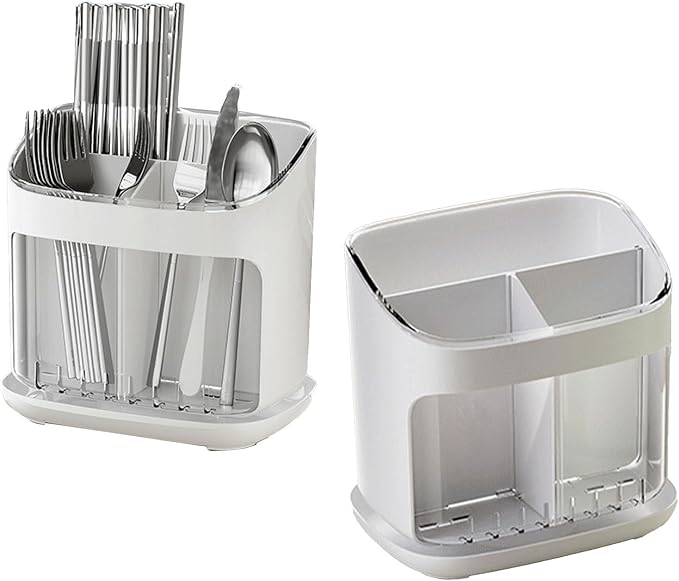 Yosoo Kitchen Utensil Holder, Countertop Organizer with Dedicated Compartments for Chopsticks Forks Spoons, Drainage Groove and Removable Drip Tray, Compact Storage Box for Contem (White Transparent)