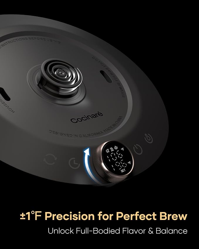 Cocinare Artisan Blossom Gooseneck Electric Kettle, ±1℉ Precise Temperature Control for Pour-Over Coffee & Tea, Quick Heating 1500W, Stainless Steel Interior, 0.9L